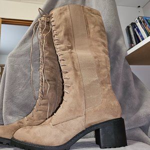 Journee Collection, Lace Up Knee High Taupe, Size 11